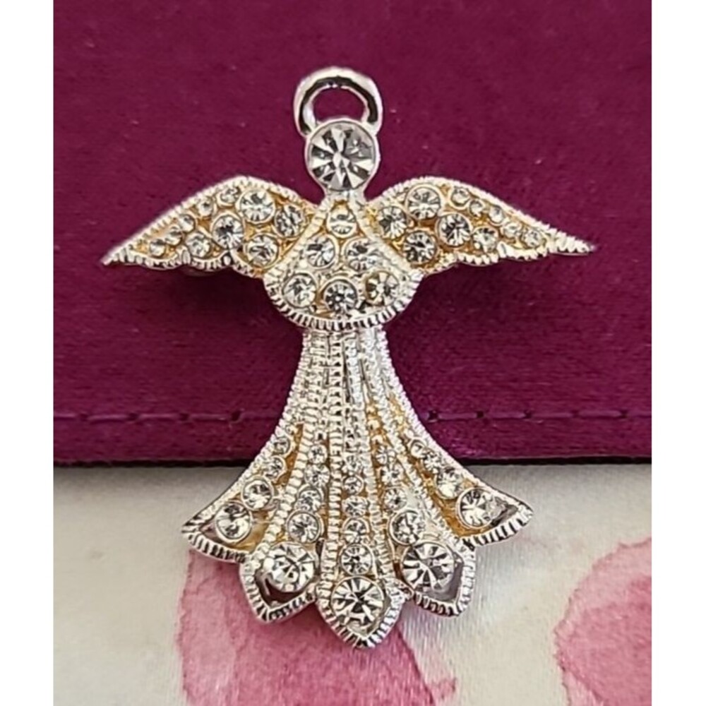 Vintage Guardian Angel Clear Rhinestones Gold Tone Lapel Pin Religious Jewelry